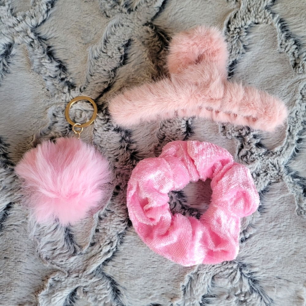 ✨BUNDLE 3/$20✨ Fuzzy Claw Clip, Velvet Scrunchie, Soft Pom Keychain Pink Set